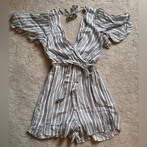 Francesca’s Blue Rain Blue and White Striped Romper